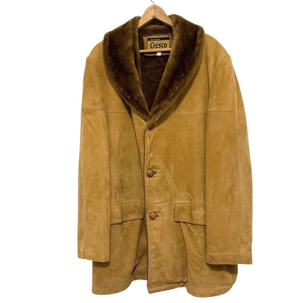 VTG Cresco Suede Leather Barn Coat Workcoat Faux Fur Shawl Collar Size Large XL